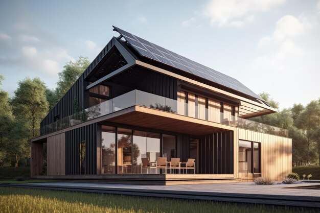 Casa moderna con paneles solares generativos ai.