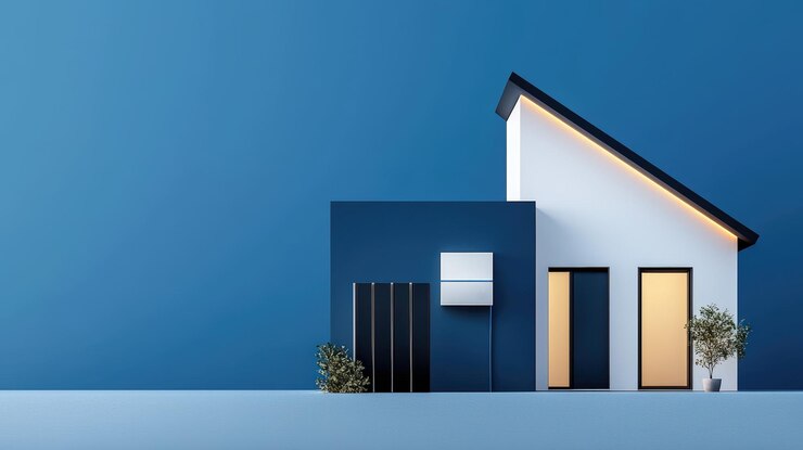 Casa moderna con paredes azules y iluminación cálida aislada en un fondo minimalista