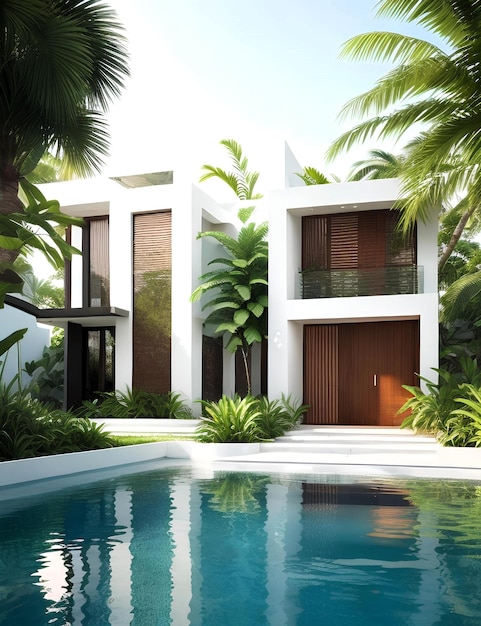 Casa moderna con piscina 3D y renderizado con estilo tropical en miami