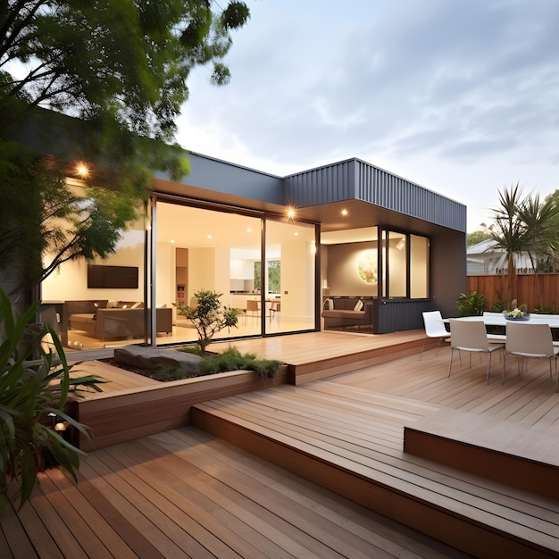 Casa moderna con piscina al aire libre y cubierta de madera IA generativa