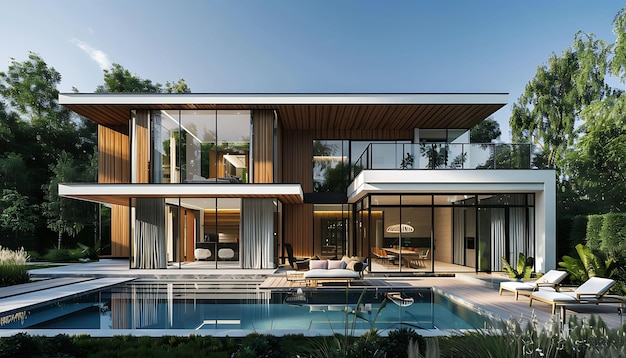 una casa moderna con una piscina azul rodeada de sillas blancas y un alto árbol verde bajo un cl