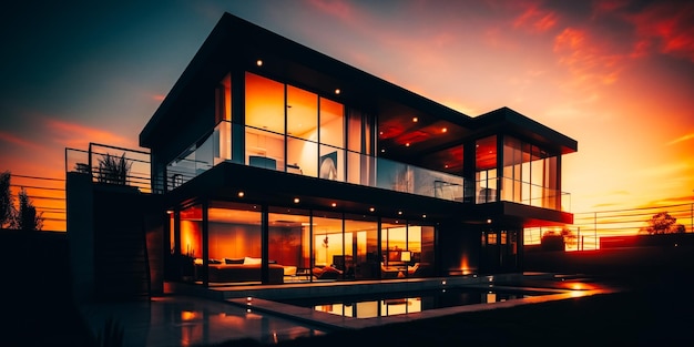 Una casa moderna con piscina y un cielo al atardecer