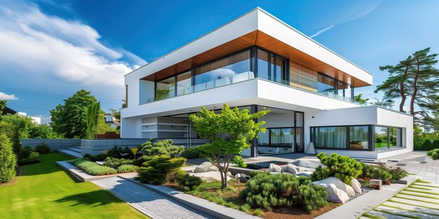 Casa moderna con piscina en un día de verano