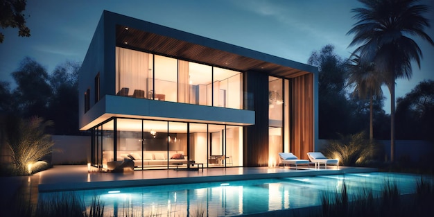 Una casa moderna con piscina e iluminación exterior