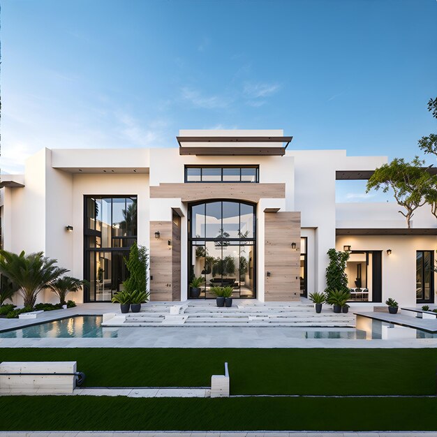 Foto una casa moderna con una piscina en frente de ella