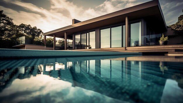 Casa moderna con piscina y reflejo en el agua Toneado