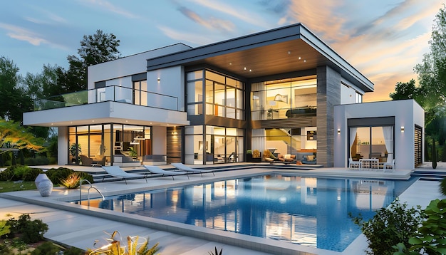 una casa moderna con una piscina rodeada de árboles verdes y un cielo azul con grandes ventanas de vidrio y una silla azul y blanca