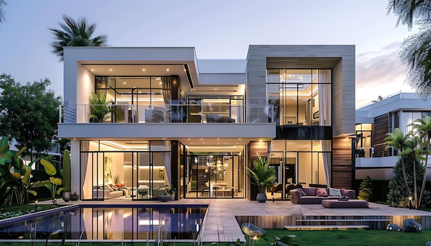 una casa moderna con una piscina rodeada de exuberante vegetación y un cielo azul con una gran ventana de vidrio y una olla blanca en el porche