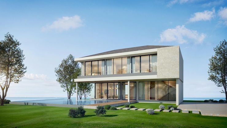Casa moderna con piscina y vista al mar 3d renderización