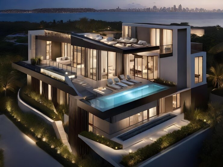 una casa moderna con una piscina y una vista del océano