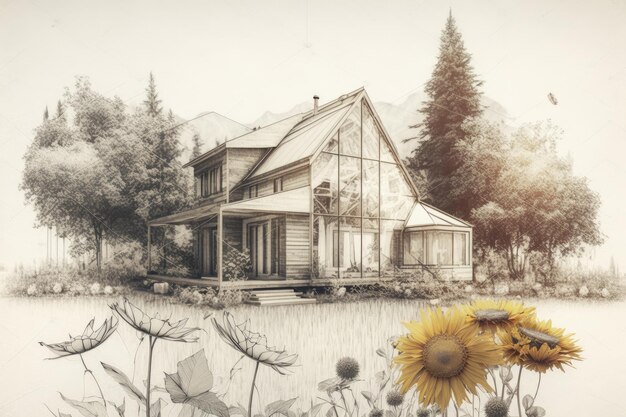 Casa moderna rodeada de un dibujo a lápiz de girasoles en un día de verano