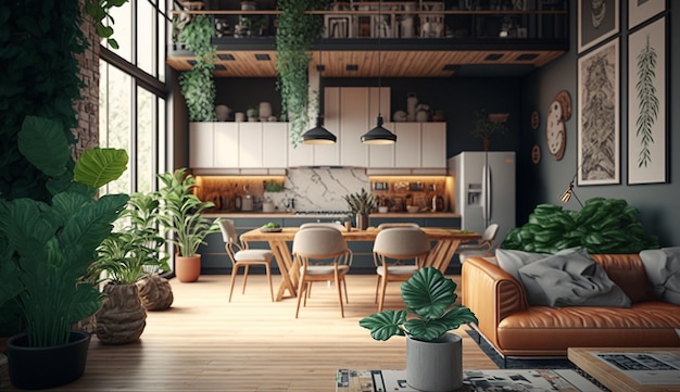 Casa moderna sala de estar decoración plantas diseño interior AI Imagen generada