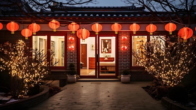 La casa moderna de los suburbios brilla con la calidez de las linternas del Año Nuevo Lunar