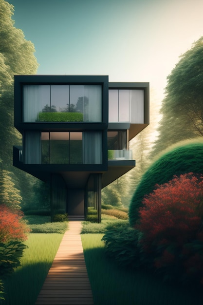 Casa moderna surreal com muita vegetação e flores generativas ai