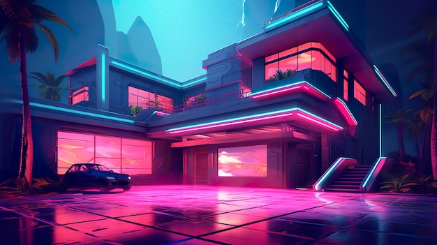 La casa moderna Synthwave de los años 80 genera