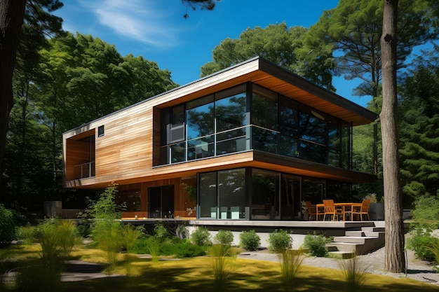 Una casa moderna con un techo de madera y una terraza de madera.