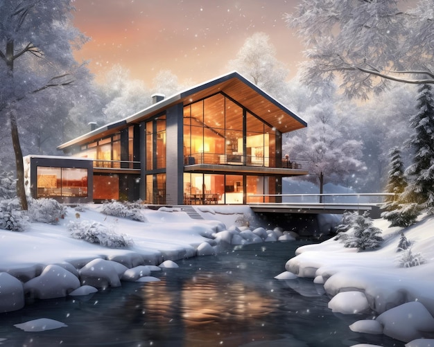 Una casa moderna se ve elegante y con estilo en un paisaje cubierto de nieve Ilustración Generativa AI