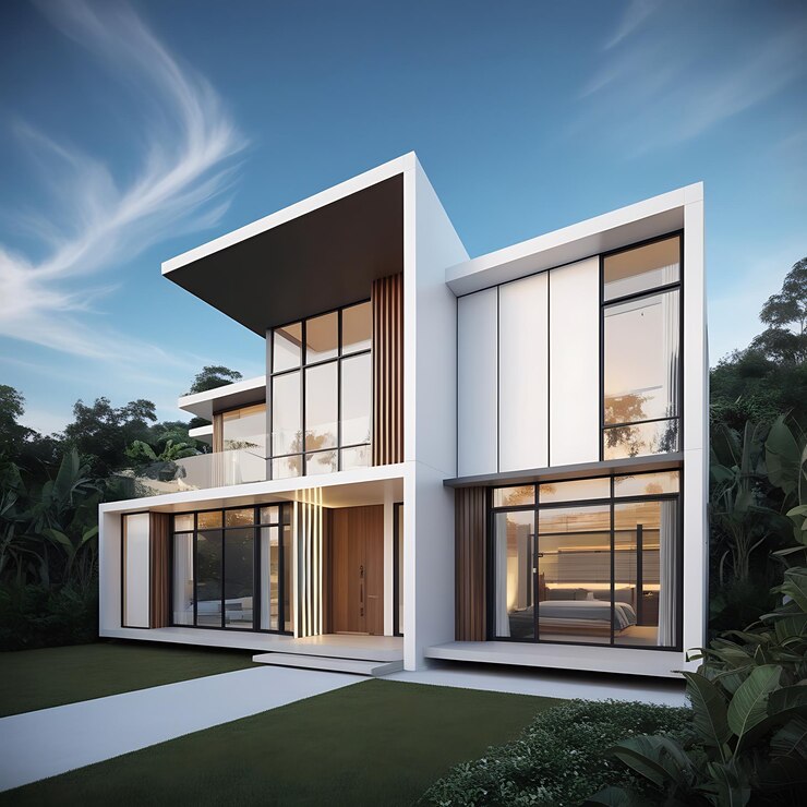 una casa moderna con vista al mar y al cielo