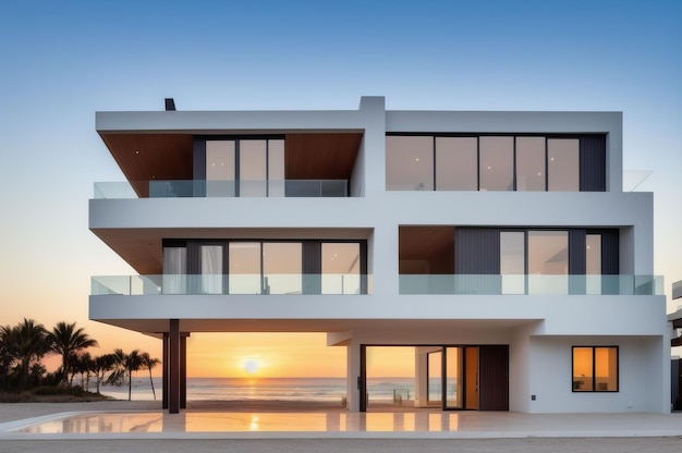 Foto una casa moderna con vista al mar y palmeras.