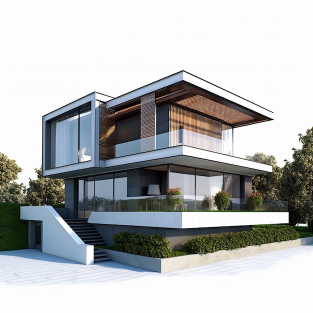 Casa moderna vista lateral aislada 3D imagen muy realista AI arte generado
