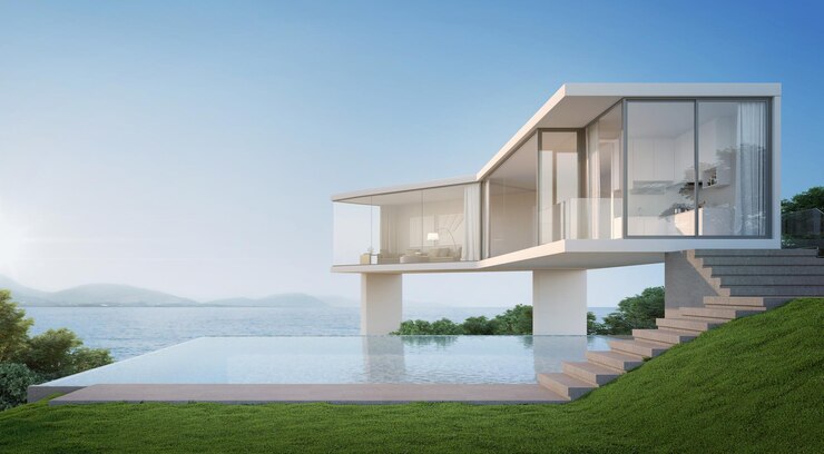 Casa moderna con vistas al mar y piscina3d renderización