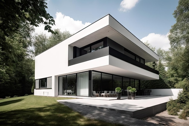 Casa modernista com exterior minimalista e linhas elegantes criadas com inteligência artificial generativa