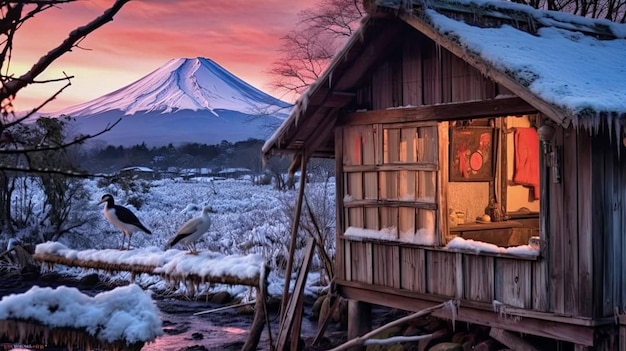 Una casa con una montaña al fondo.