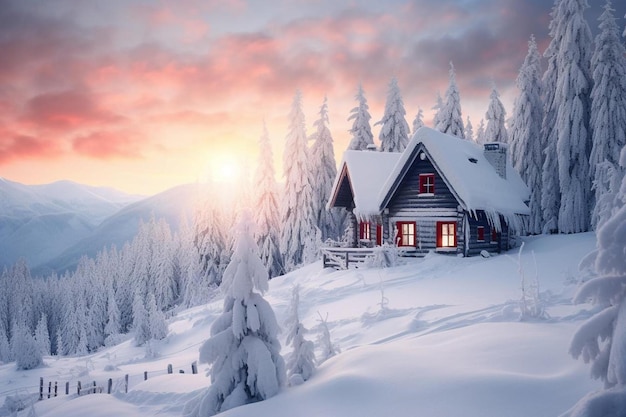 Una casa en la montaña con un atardecer de fondo.