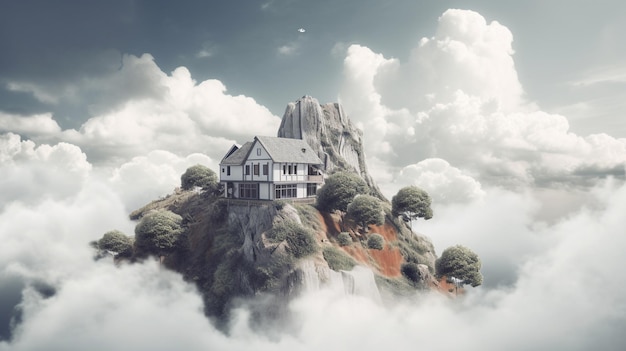 Casa en una montaña por encima de las nubes