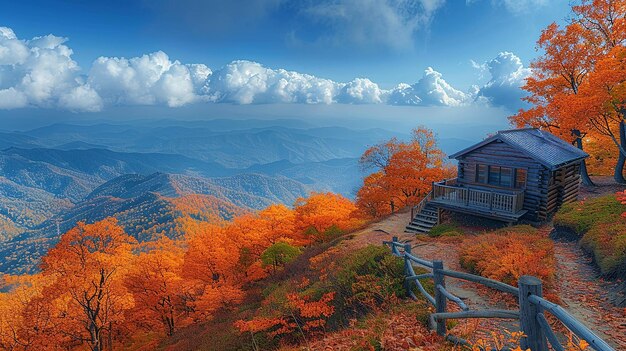 Foto una casa en una montaña con un hermoso fondo de follaje de otoño