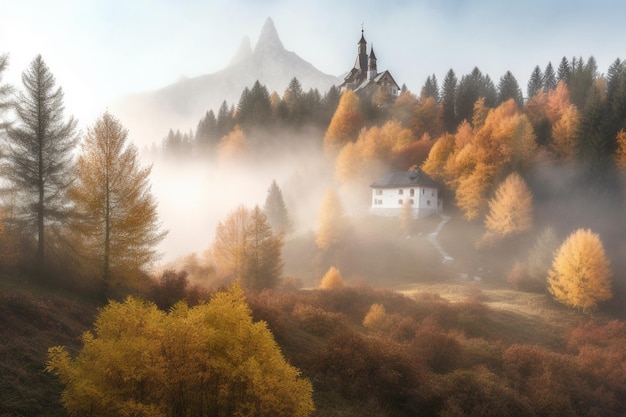 Una casa en la montaña con la iglesia al fondo