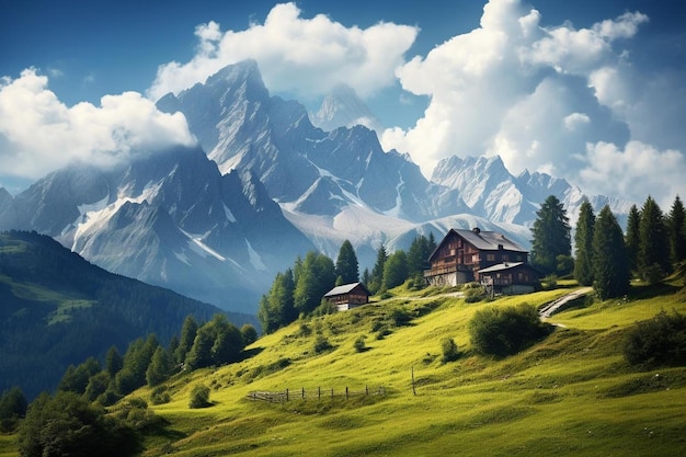 una casa en una montaña con una montaña al fondo