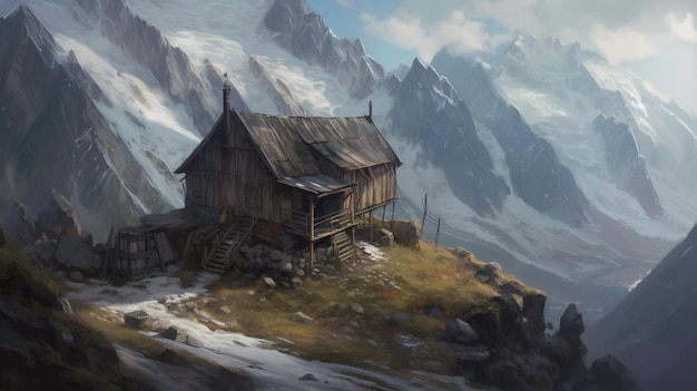 Una casa en una montaña con nieve en el techo