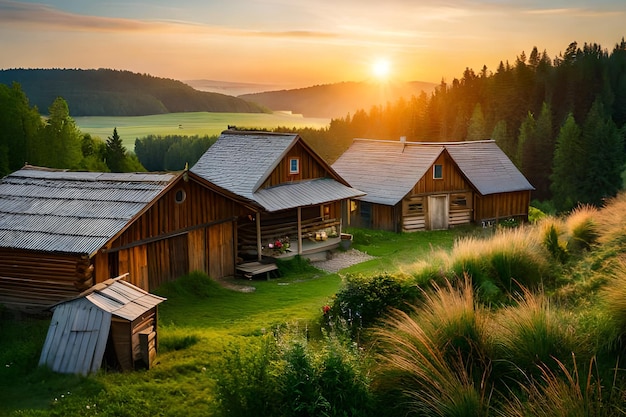 Una casa en las montañas al atardecer.