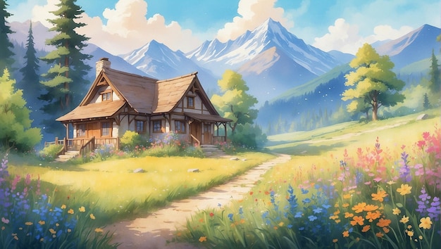 una casa en las montañas con un bosque en el fondo