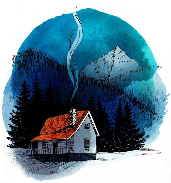 Casa en las montañas dibujo a mano con tinta y acuarela