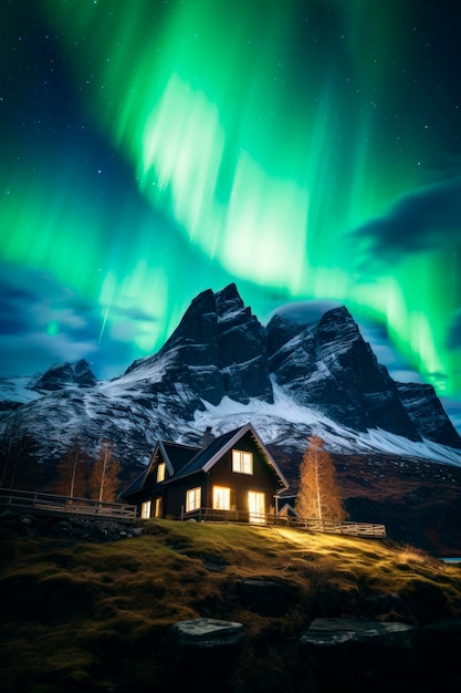 casa en las montañas con luces del norte