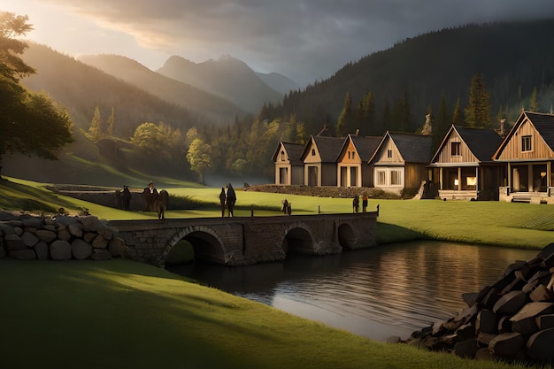 Una casa en las montañas con un puente sobre el agua.