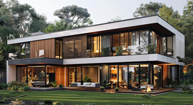 una casa con muchas ventanas y un césped