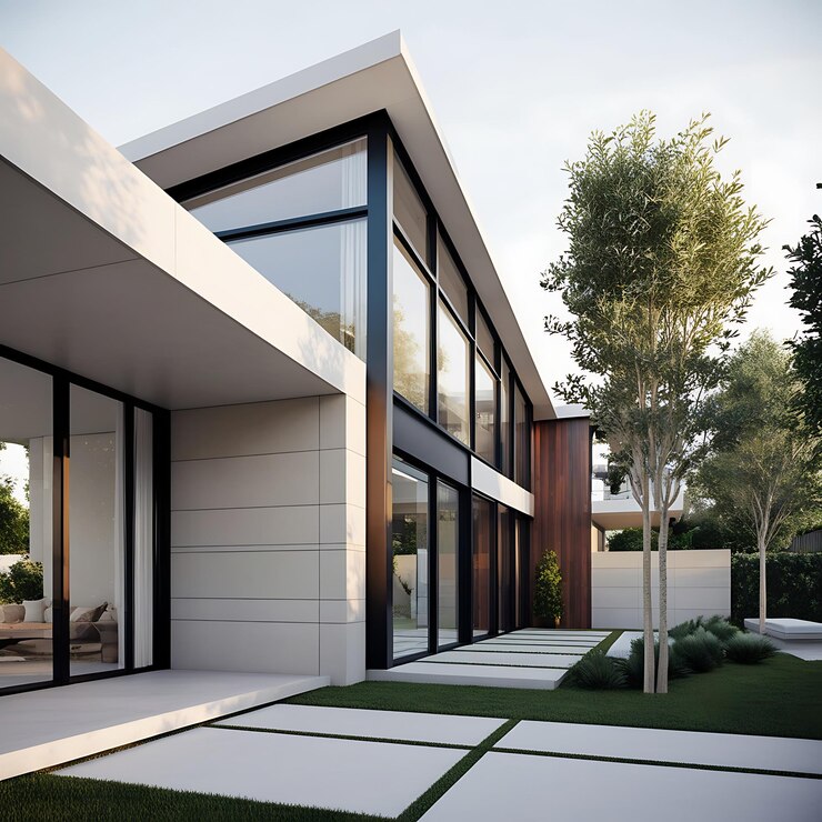 una casa con muchas ventanas y un césped