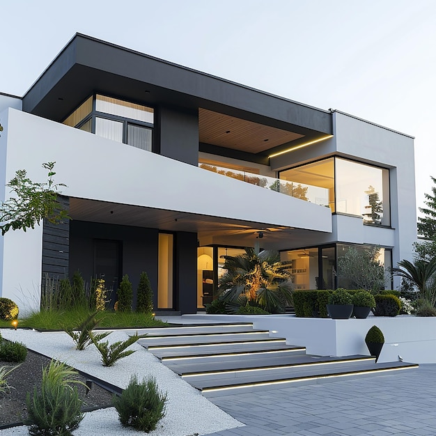 una casa con muchas ventanas y una escalera