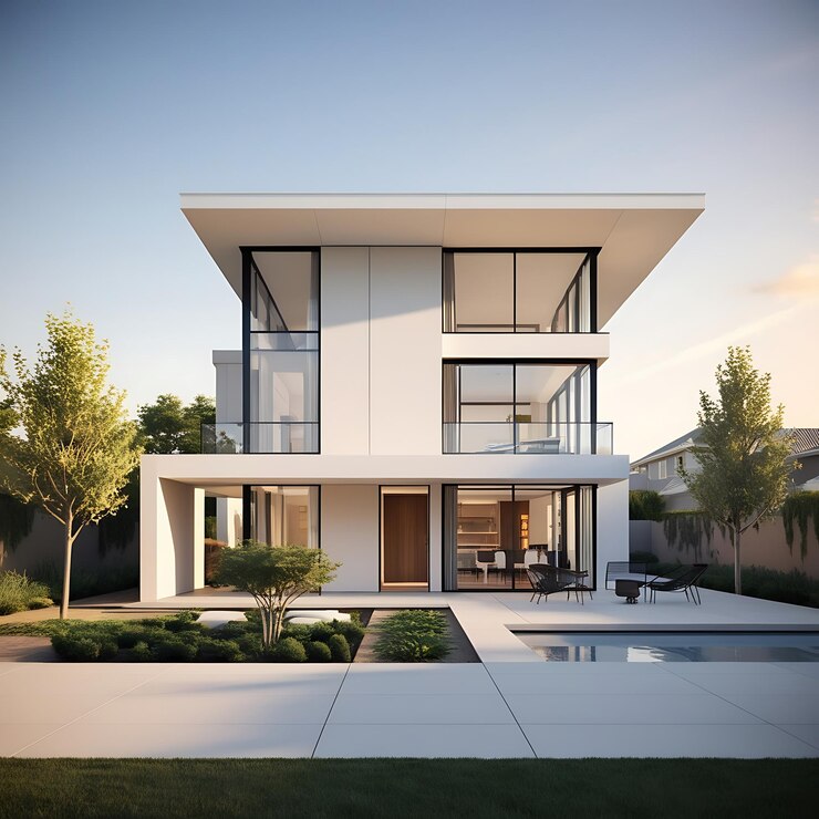 una casa con muchas ventanas y un patio con una mesa y sillas