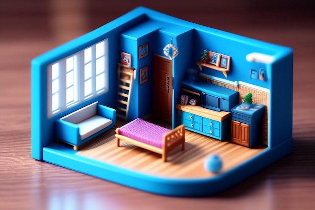 Una casa de muñecas azul con una cama, un sofá y una ventana.