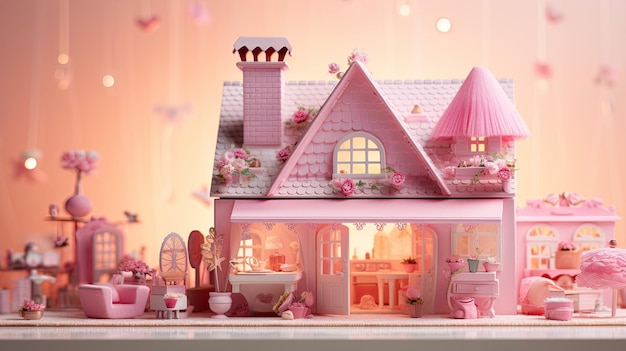 Casa de muñecas Barbie rosa con muebles rosas