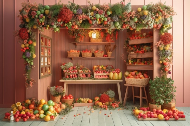 Una casa de muñecas con mucha fruta en los estantes.