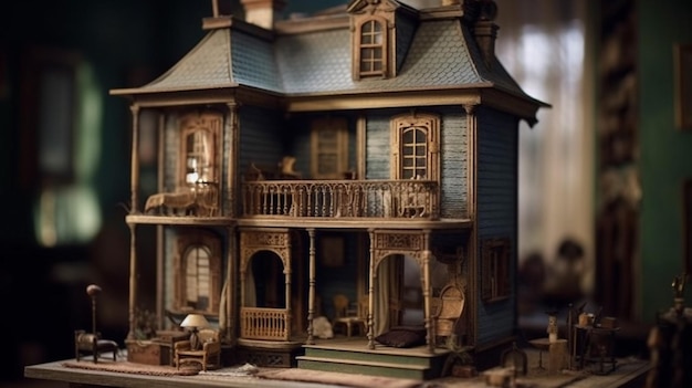 Una casa de muñecas con porche y balcón.