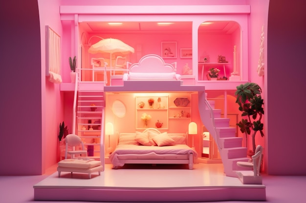 Casa de muñecas rosa con fondo rosa generada por IA
