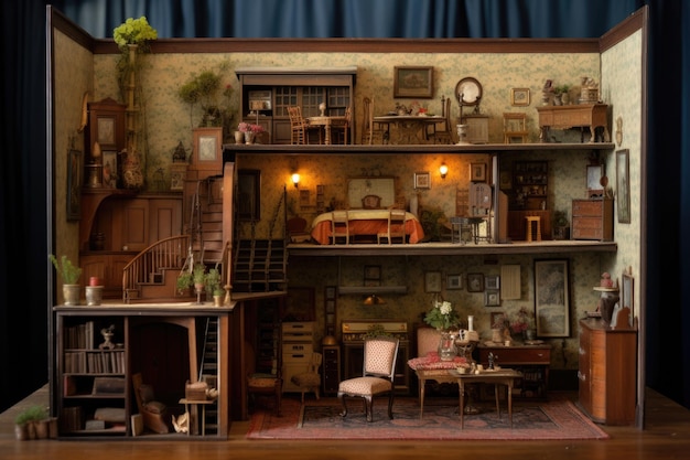 Casa de muñecas vintage con muebles en miniatura detallados creados con inteligencia artificial generativa