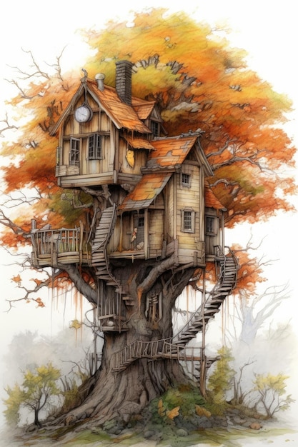 Casa na árvore aninhada nos galhos de uma árvore alta criada com IA generativa