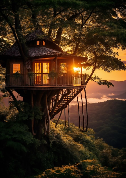 Foto casa na árvore em uma floresta verde ao pôr do sol